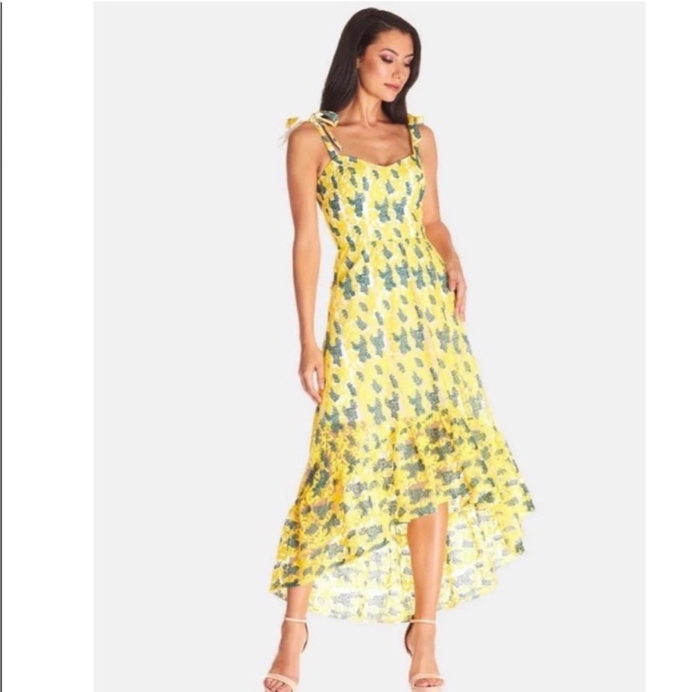 'Dress the Population Wren' Tie Shoulder Midi Dress, Canary Yellow Size XL